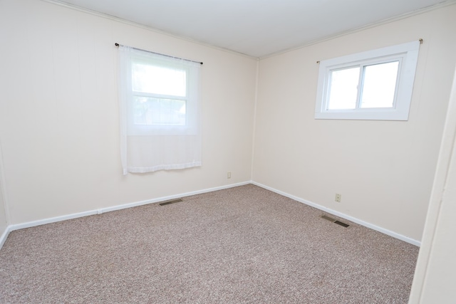 empty room featuring crown molding and carpet floors