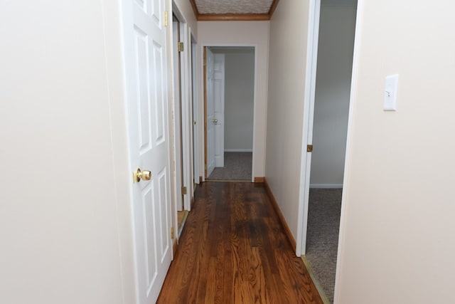 hallway featuring dark hardwood / wood-style floors and ornamental molding