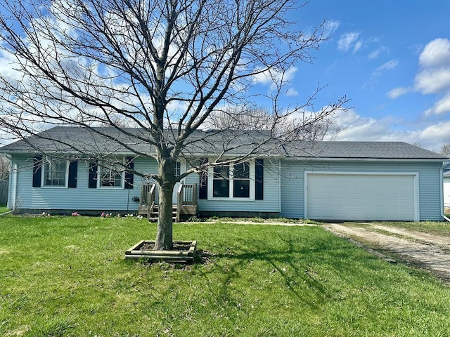 ranch-style house with an attached garage, a front lawn, and dirt driveway