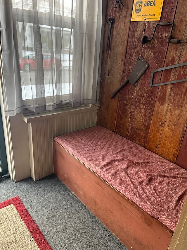 bedroom with carpet, multiple windows, and wooden walls