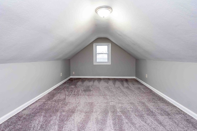 additional living space featuring carpet, a textured ceiling, and vaulted ceiling