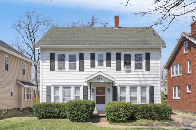 242 Davis Rd, Mansfield, OH 44907 - colonial house featuring a shingled roof, a chimney, entry steps, and cooling unit