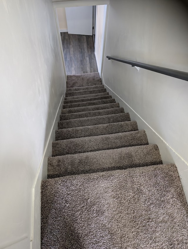 stairway with hardwood / wood-style flooring