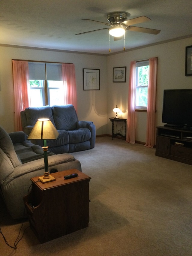 1009 Twp Rd Unit 2156, Ashland, OH 44805 - living area with a ceiling fan, light colored carpet, and ornamental molding