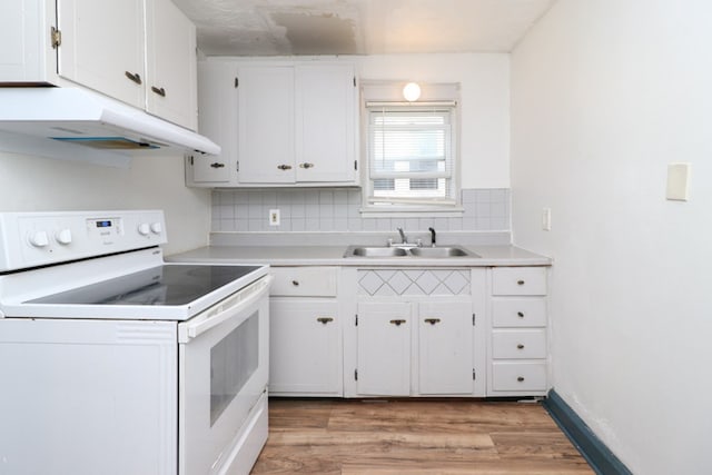 460 W Dickson, Mansfield, OH 44903 - kitchen with electric range, under cabinet range hood, tasteful backsplash, light wood finished floors, and light countertops