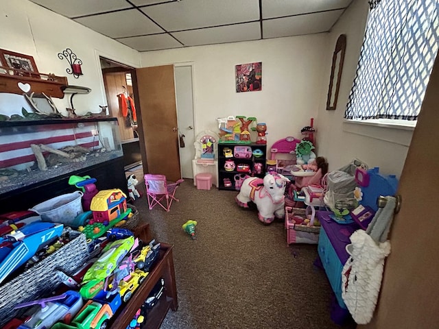 rec room with carpet floors and a drop ceiling