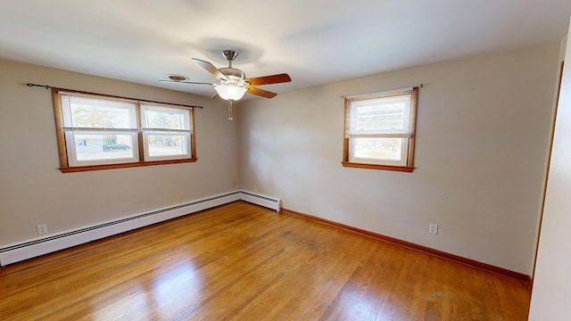 spare room featuring plenty of natural light, light hardwood / wood-style floors, ceiling fan, and a baseboard heating unit