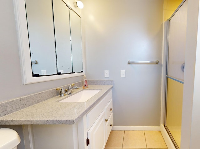 bathroom with tile patterned floors, vanity, and a shower with door