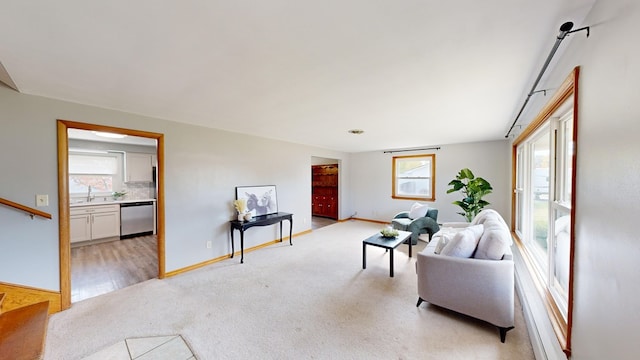 living room featuring sink and light carpet