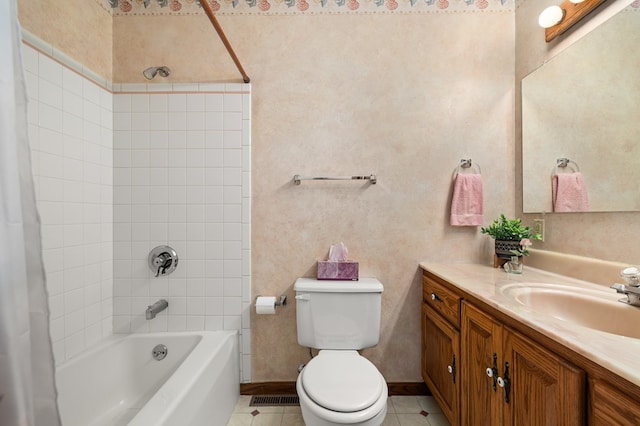 full bathroom featuring shower / tub combo with curtain, vanity, toilet, and tile patterned flooring