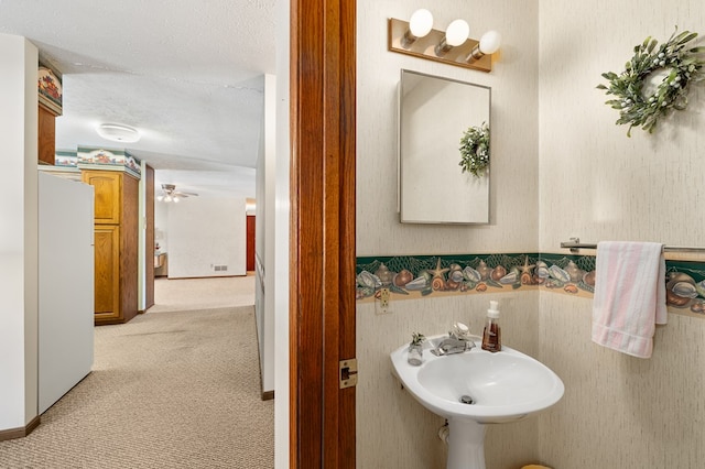 bathroom featuring ceiling fan, sink, and a textured ceiling