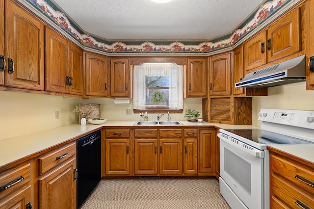 kitchen featuring white electric stove, black dishwasher, sink, and a textured ceiling