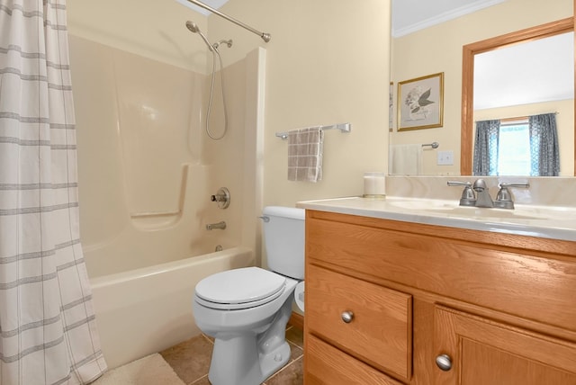 full bathroom with vanity, crown molding, tile patterned flooring, toilet, and shower / bath combo with shower curtain