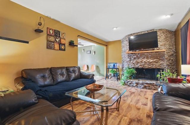 living area featuring wood finished floors and a fireplace