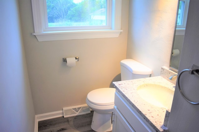 bathroom with vanity, wood-type flooring, and toilet