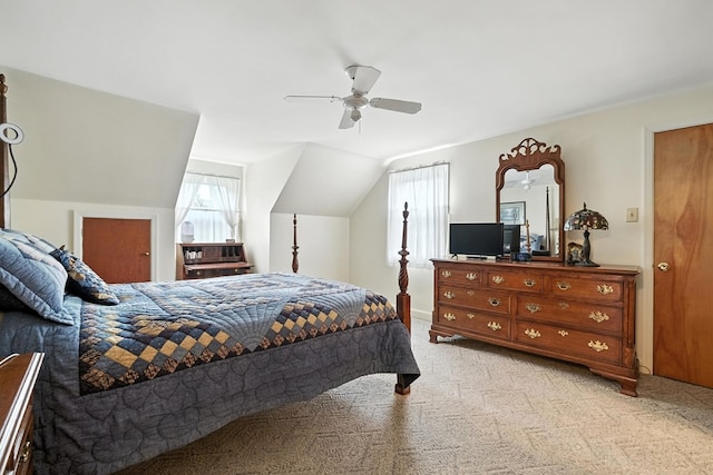 501 Overlook Rd, Mansfield, OH 44907 - bedroom with light carpet, lofted ceiling, and ceiling fan