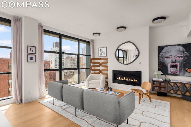 living room with a wealth of natural light, floor to ceiling windows, and hardwood / wood-style floors