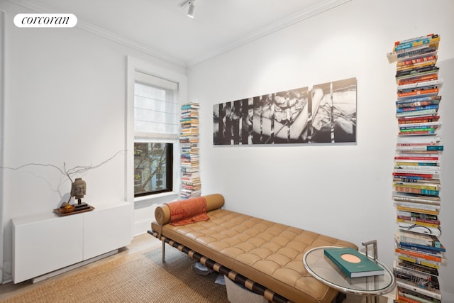 sitting room with ornamental molding, rail lighting, and visible vents