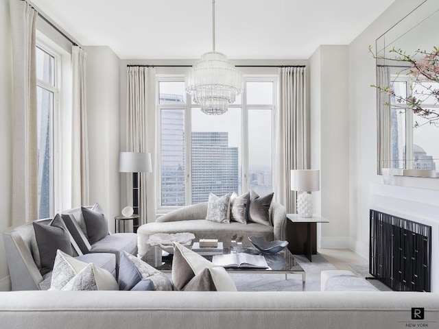 living room featuring a chandelier