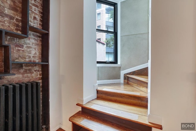 stairs with a healthy amount of sunlight and radiator heating unit