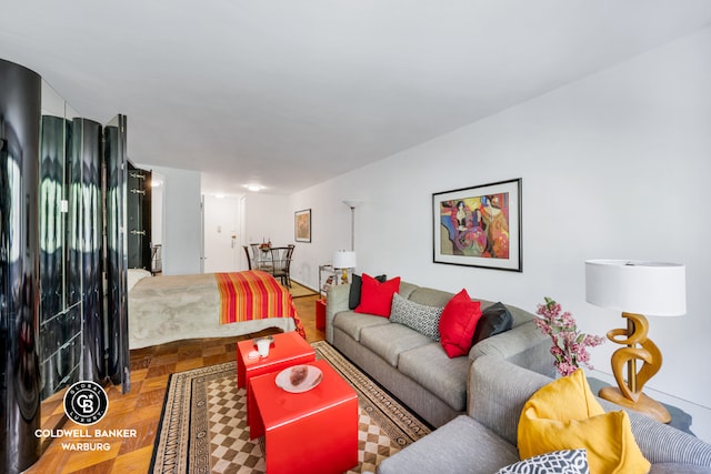 living room with parquet floors