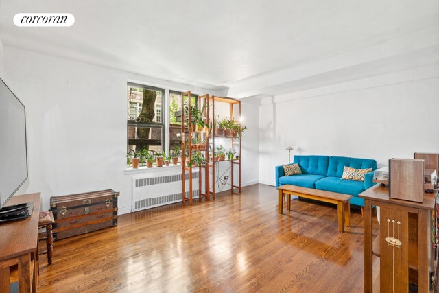 living area featuring radiator heating unit and wood-type flooring