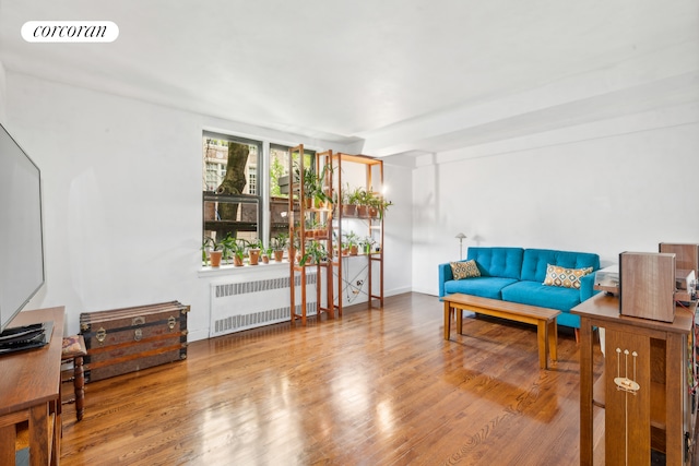 living area featuring wood finished floors, visible vents, and radiator