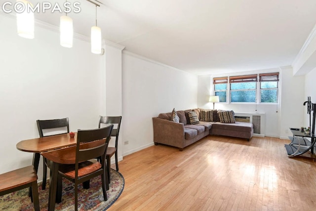 living room featuring ornamental molding and light hardwood / wood-style flooring