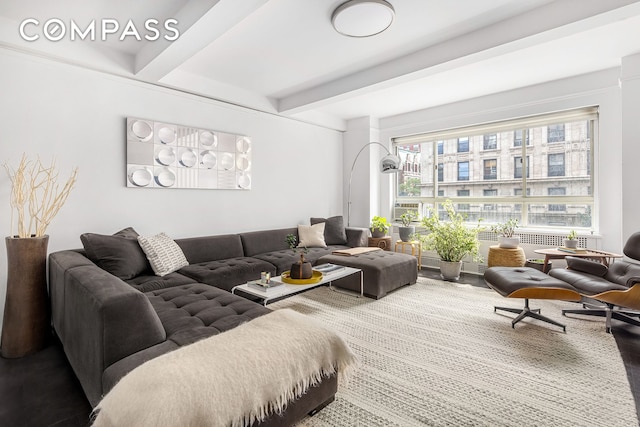 living area featuring beamed ceiling