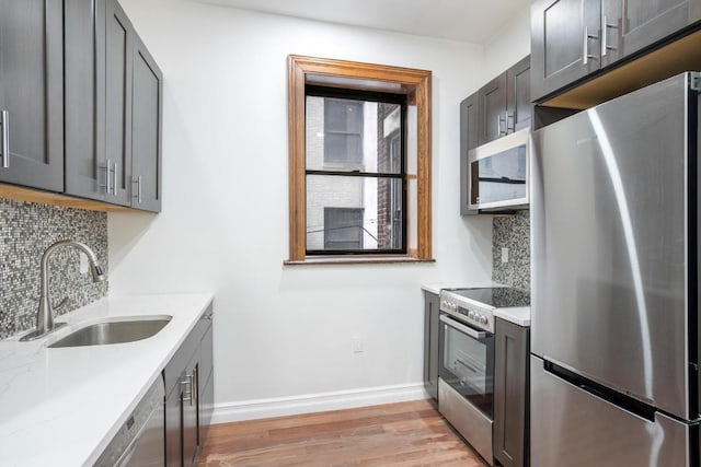 kitchen with tasteful backsplash, sink, light hardwood / wood-style flooring, and appliances with stainless steel finishes