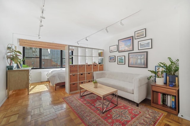 living area with light parquet floors and track lighting