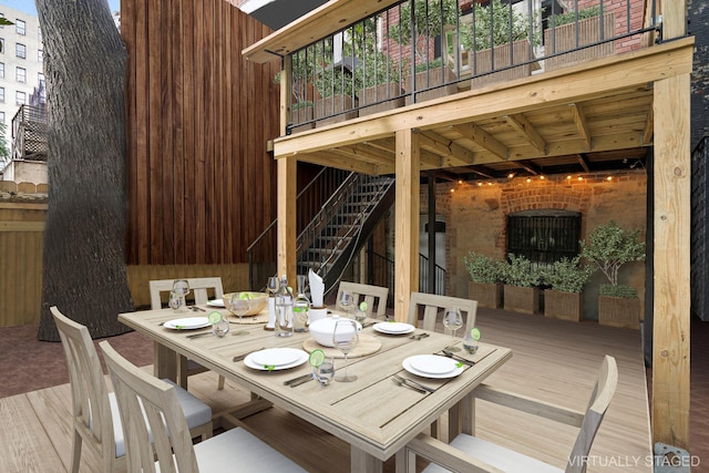 473 W 140th St, New York City, NY 10031 - wooden terrace featuring outdoor dining space and stairway