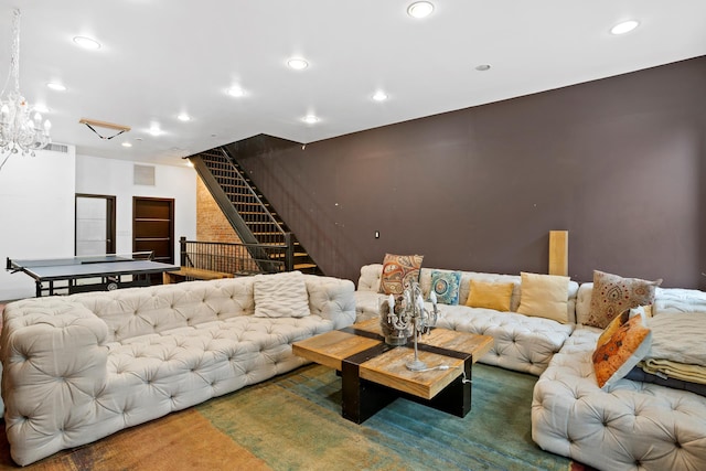 473 W 140th St, New York City, NY 10031 - living area featuring recessed lighting, stairs, and a chandelier