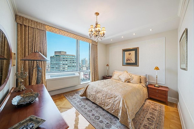 bedroom with ornamental molding, a city view, a notable chandelier, and baseboards