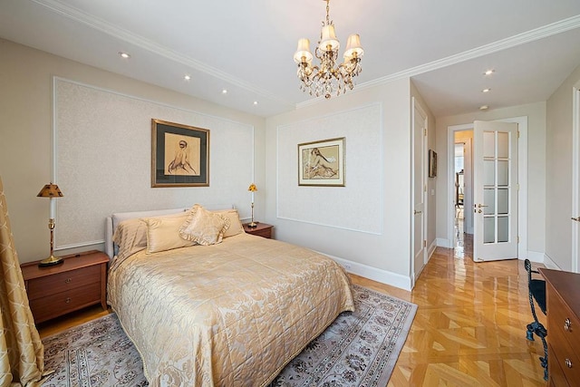 bedroom featuring ornamental molding, recessed lighting, an inviting chandelier, and baseboards