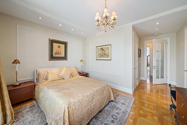 bedroom with baseboards, recessed lighting, a chandelier, and french doors