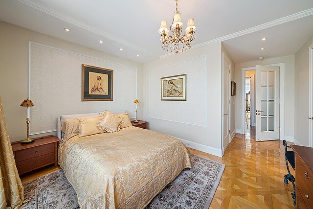 1965 Broadway Unit 26-E, New York City, NY 10023 - bedroom with baseboards, recessed lighting, a chandelier, and french doors