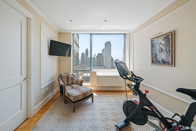 exercise room with ornamental molding and baseboards