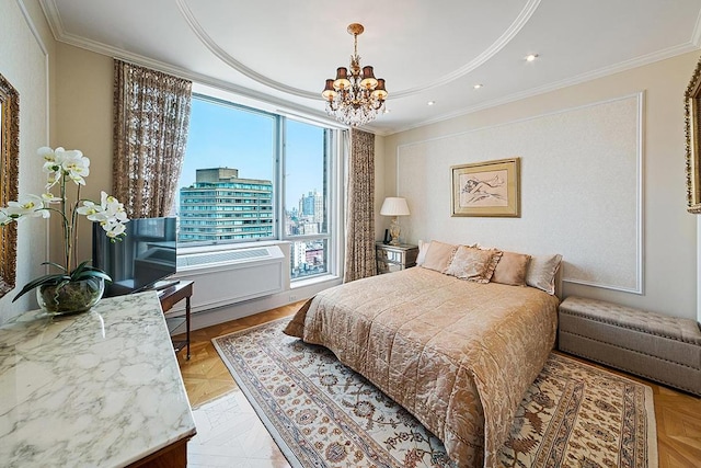 bedroom featuring a notable chandelier, a raised ceiling, and crown molding