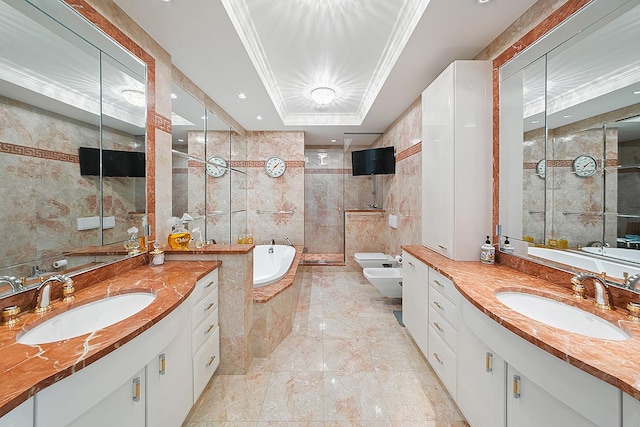 bathroom featuring tile walls, a tile shower, a bath, a bidet, and marble tiled floors
