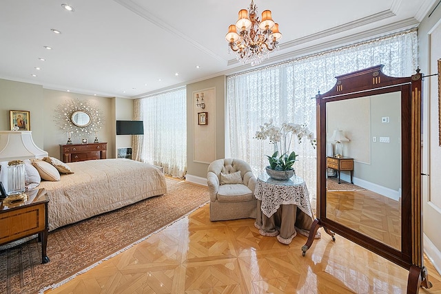 bedroom featuring ornamental molding, recessed lighting, a chandelier, baseboards, and multiple windows