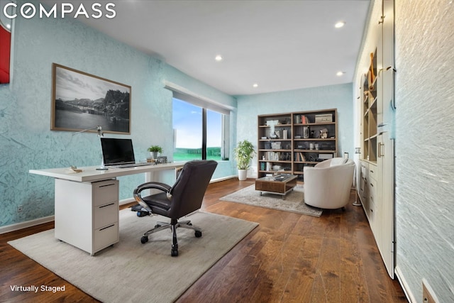 office area with dark wood-type flooring