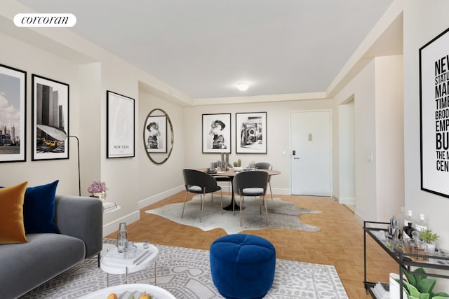 living room featuring light parquet floors