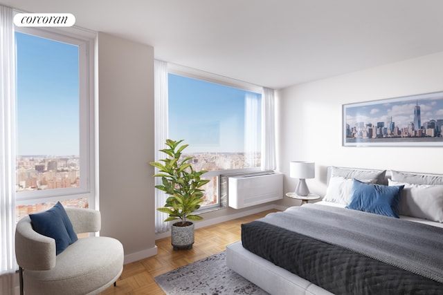 bedroom with light parquet flooring