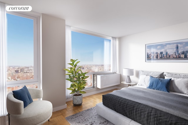 bedroom with visible vents, a view of city, and baseboards