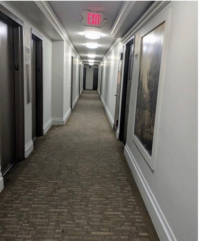 hall featuring crown molding, elevator, carpet, and baseboards