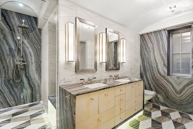 bathroom with backsplash, tile walls, toilet, and vanity