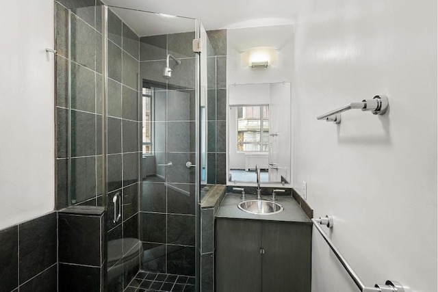 bathroom featuring vanity and an enclosed shower