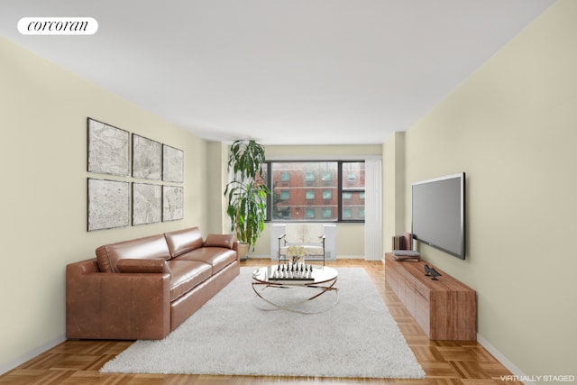 living room with light parquet floors