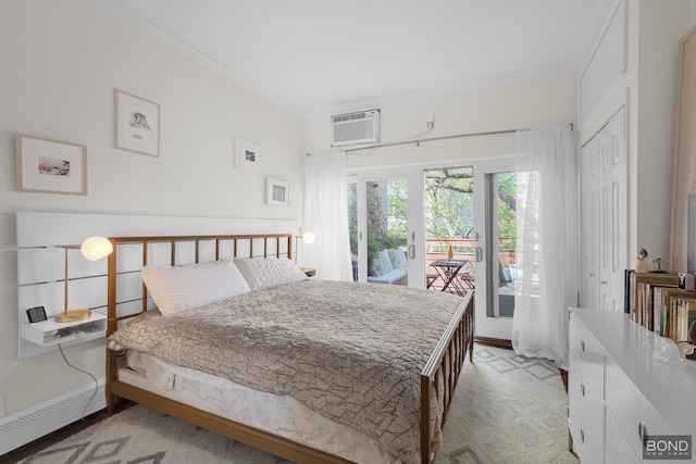 bedroom with light carpet, baseboards, access to exterior, crown molding, and a wall mounted AC